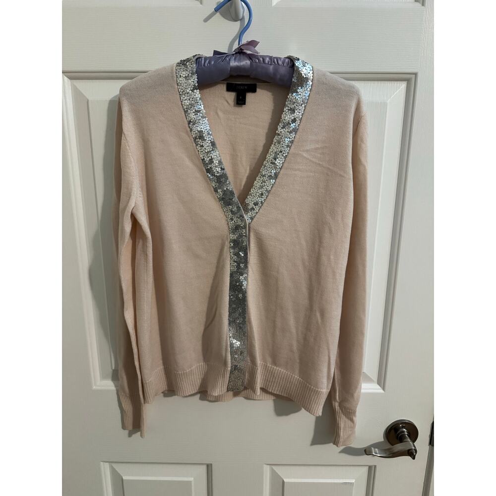 J. Crew Women's Harlow Cardigan Sequin Merino Wool Sweater Pink Silver Small